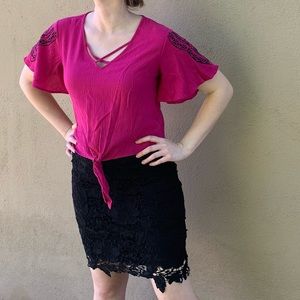 Pink Crop Top with Embroidered Sleeves